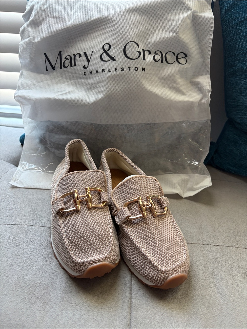 Beige Mesh Loafers with Gold Buckle